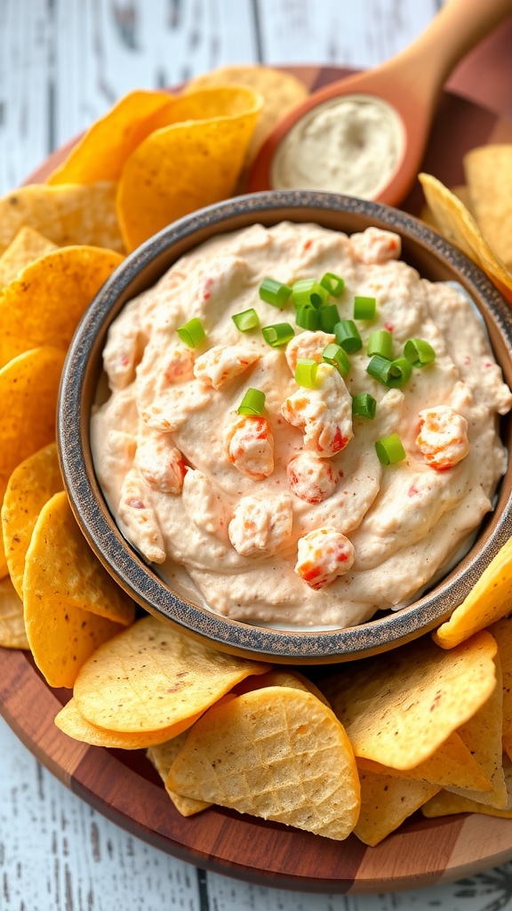 Creamy Lobster Dip Recipe Creamy lobster dip in a bowl with tortilla chips and baguette, garnished with green onions.